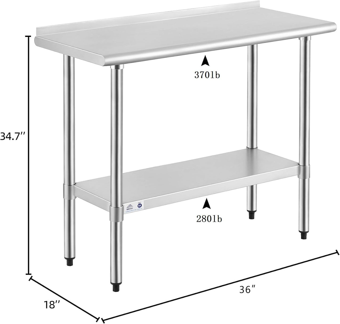 ROCKPOINT Stainless Steel Table for Prep & Work with Backsplash 18x36 Inches, NSF Metal Commercial Kitchen Heavy Duty Table with Adjustable Under Shelf and Table Foot for Restaurant, Home and Hotel