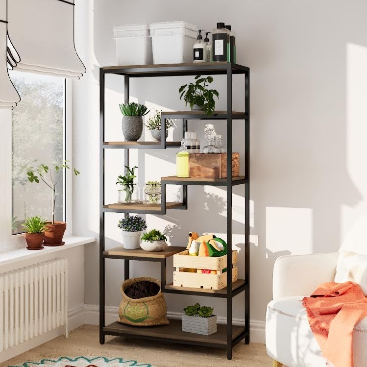 Solid Wood Industrial Tall Bookshelf - 7 Tier Staggered Bookshelves, 55’’H Rustic Brown Vintage Bookcase, Free Standing Open Bookshelf, Shelving Units Organizer for Bedroom Office Living Room.