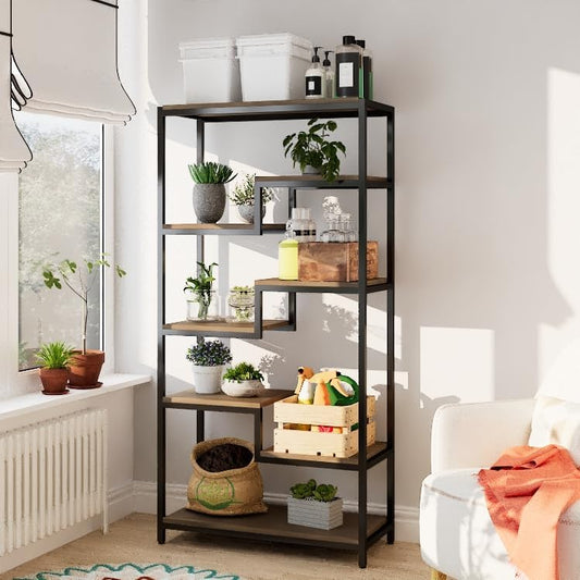 Solid Wood Industrial Tall Bookshelf - 7 Tier Staggered Bookshelves, 55’’H Rustic Brown Vintage Bookcase, Free Standing Open Bookshelf, Shelving Units Organizer for Bedroom Office Living Room.