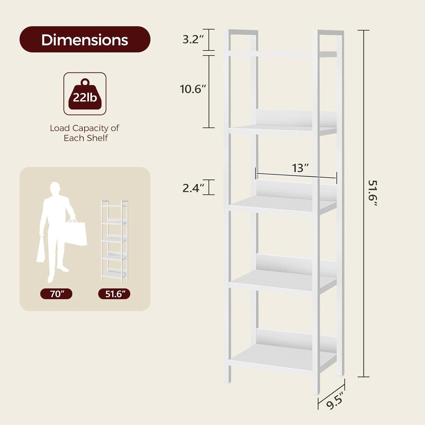 Bookshelf, 5-Tier Bookcase, Standing Book Shelf for Small Space, Storage Shelf Organizer, for Living Room, Bedroom, Study, Balcony, White BKBW5501