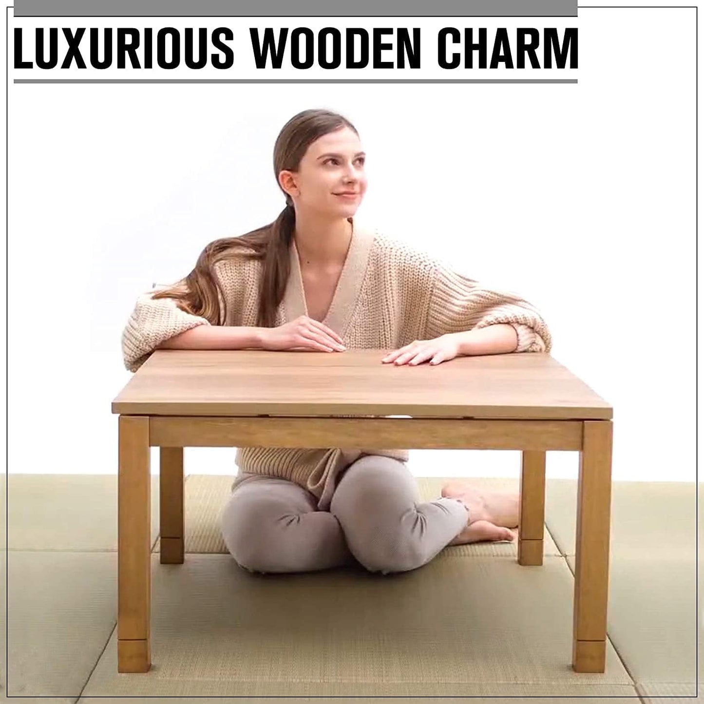 BJDesign Kotatsu - Japanese Heated Table - Wooden Chabudai Furniture with 120V Electric Heater - Low-Lying Dining and Work Desk with Temperature Control Knob (29x29in, natural)