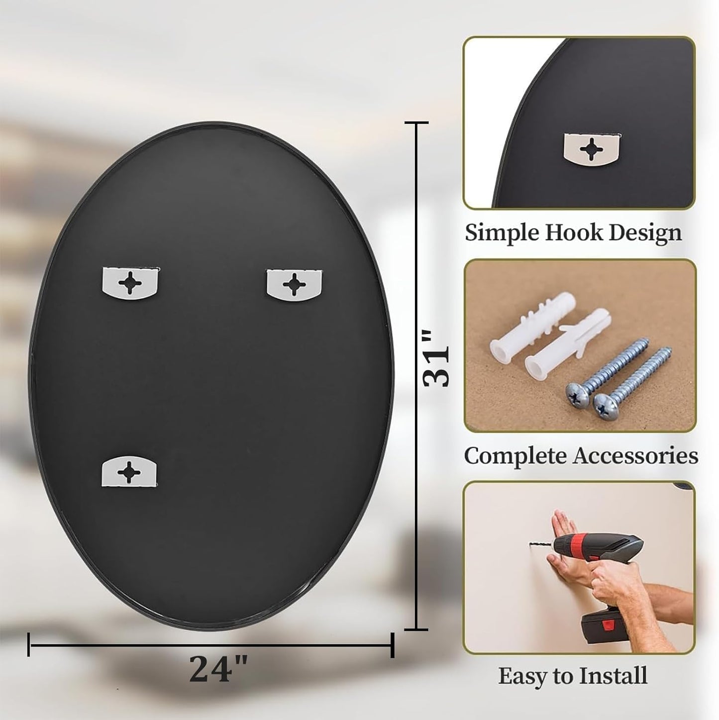 Koonmi Black Oval Bathroom Mirror, 24"x31" Bathroom Vanity Mirror, Oval Mirror for Bedroom Living Room Entryway, Hangs Horizontal or Vertical