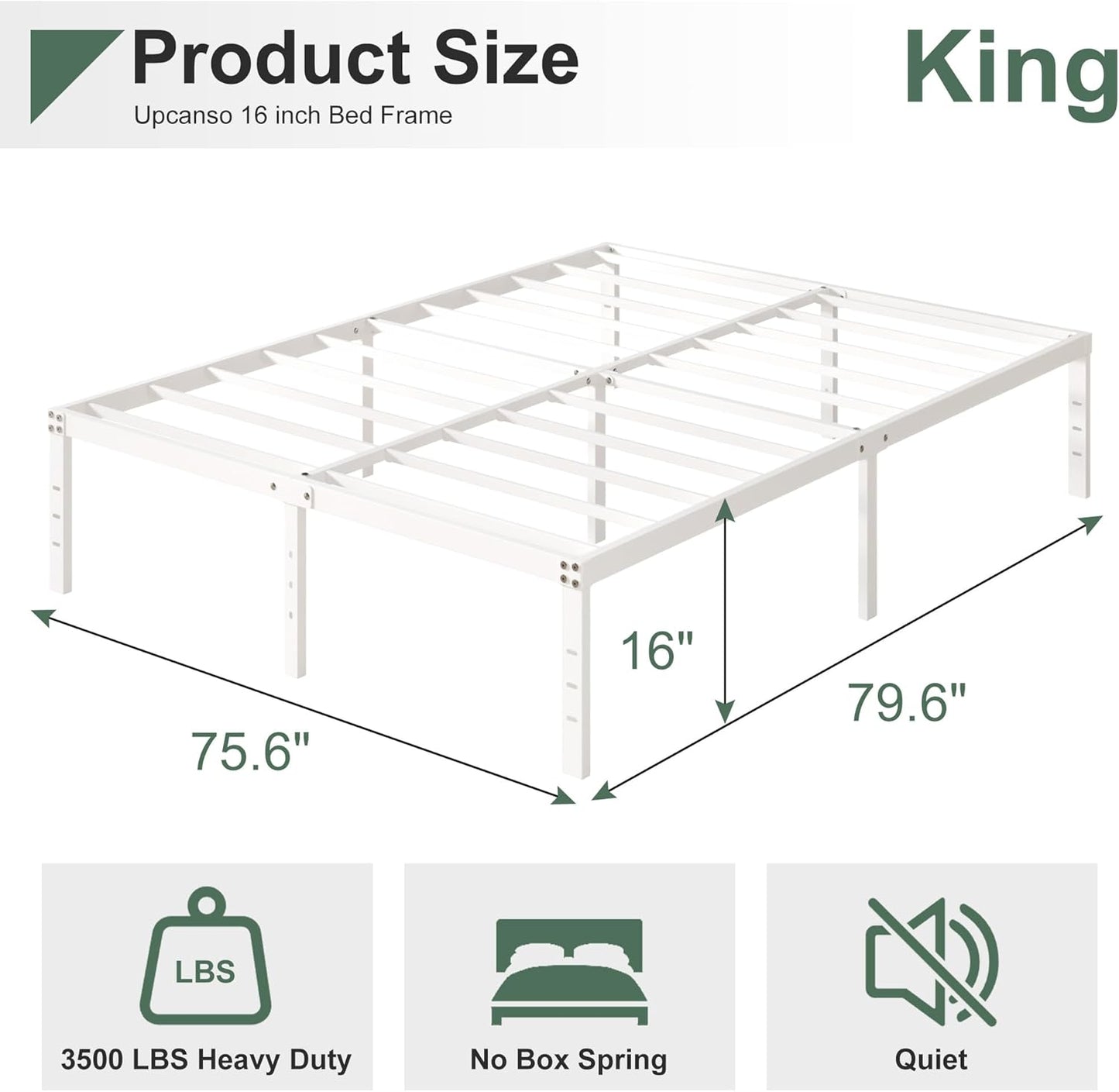 16 Inch White King Bed Frame Heavy Duty Metal Platform King Size Bed Frames with High Storage, Eassy Assembly 3,500 lbs Heavy Duty Bedframes