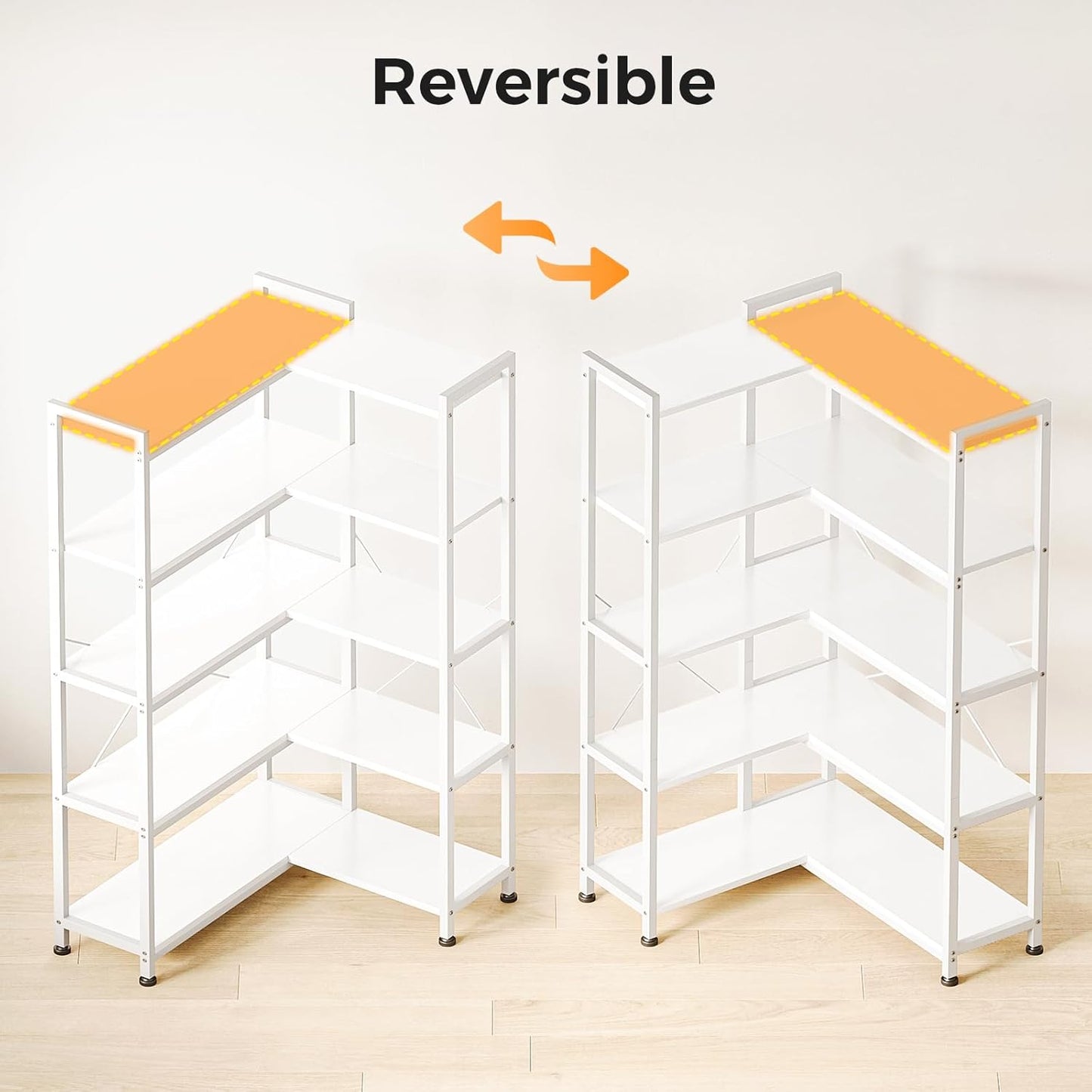 Casaottima Corner Bookshelf 5 Tier, 57 Inches Reversible Book Shelf for Living Room, Industrial Wooden Bookcase with Open Shelves and Metal Frame for Bedroom, Home Office, Kitchen, White