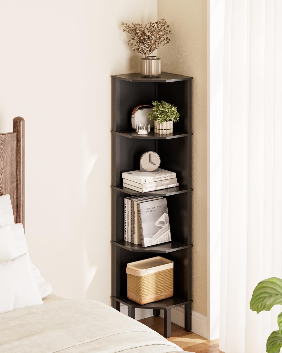 Corner Shelf, 5 Tier Corner Bookshelf，Wall Corner Bookshelf for Small Space,Display Corner Shelf Stand with Storage Rack for Living Room,Bedroom,Office,Black
