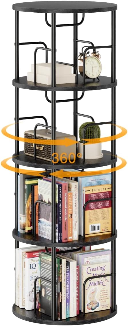 4 Tier Rotating Bookshelf, 360 Display Spinning Corner Bookshelf, Space-Saving Metal Frame Bookcase for Living Room, Office, Bedroom, Black