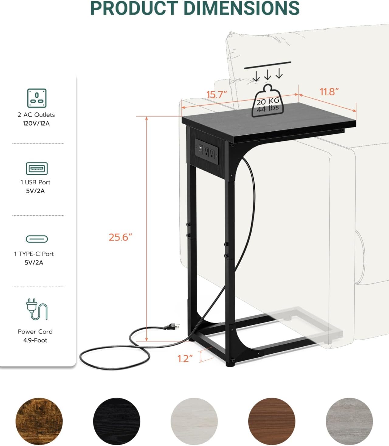 C-Shaped Side Table for Couch - Small Coffee Stand Sofa Tray Desk with Metal Frame Waterproof Scratch Resistant Wood Top and Built-in Charging Station, Black