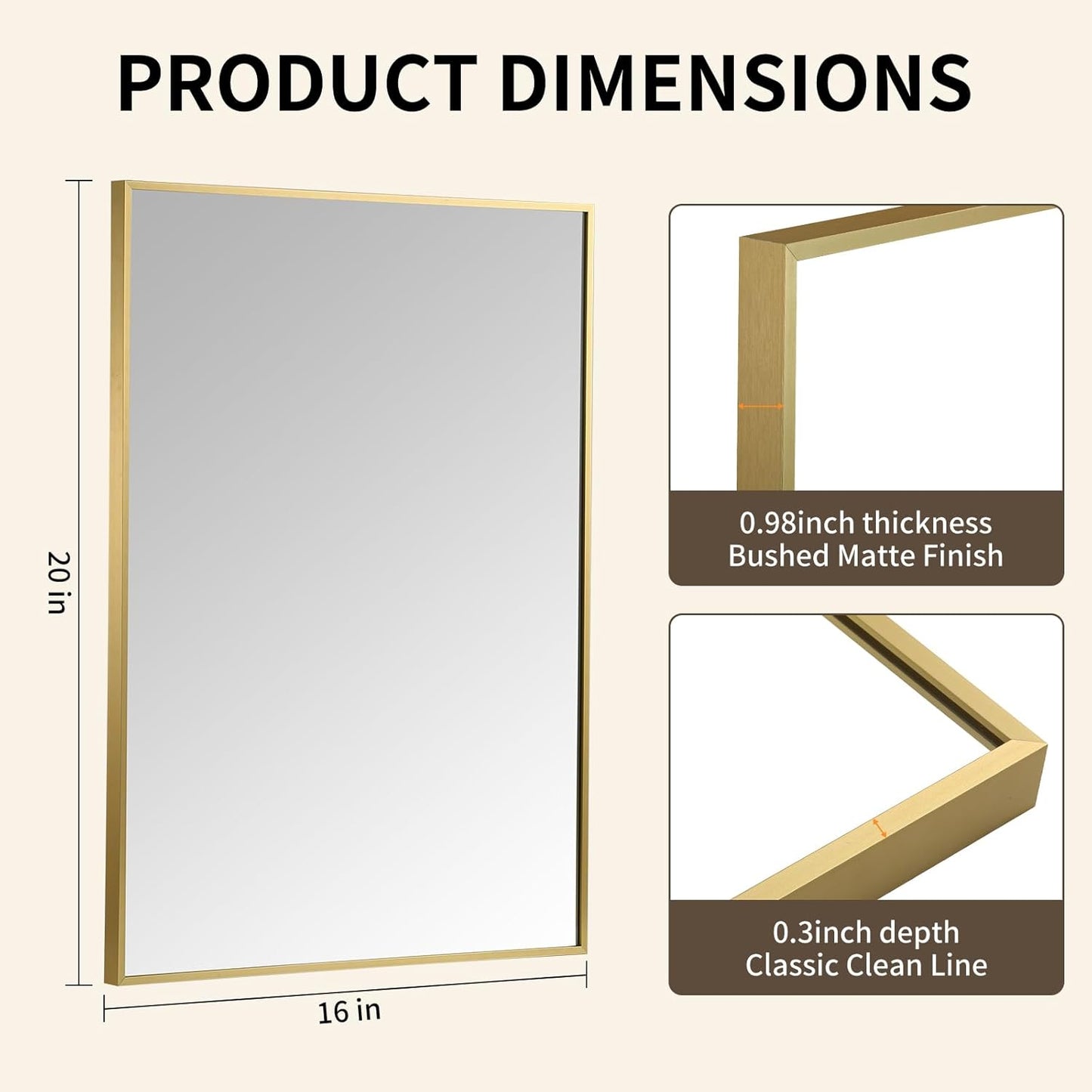 Brushed Gold Mirror, 16x20 Inch Aluminum Framed Rectangle Mirror, Anti-Rust, Tempered Glass, Square Corner Wall Mirror for Over Sink, Vanity, Bedroom, Entryway, Horizontal/Vertical