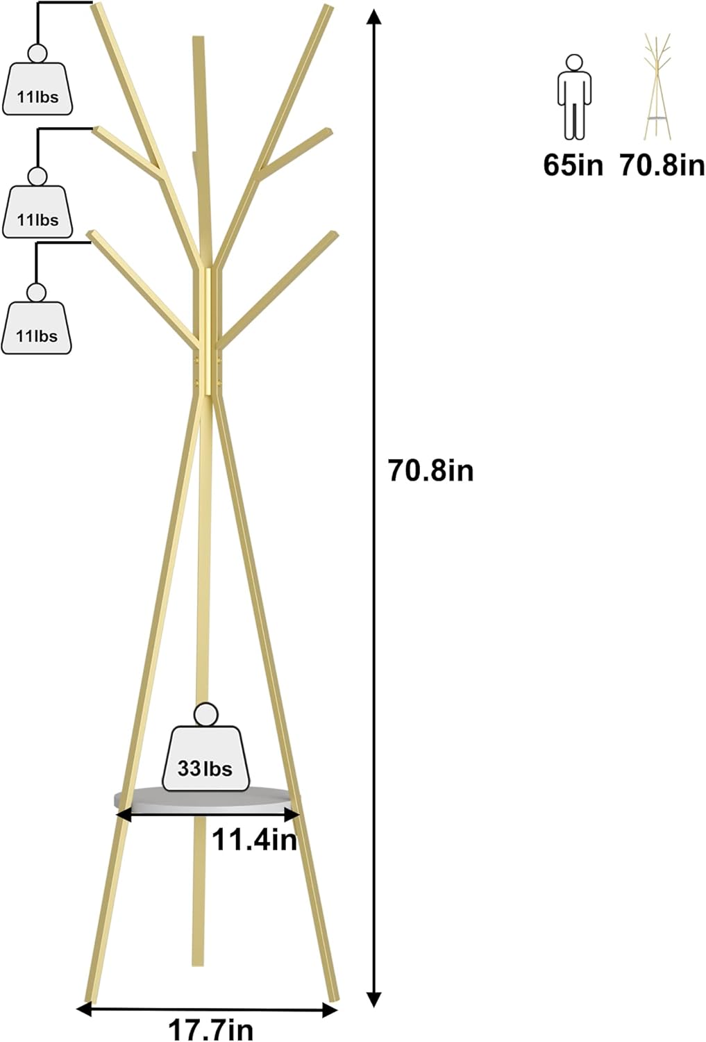 Coat Rack Hat Stand Free Standing Display Hall Tree Metal Hat Hanger Garment Storage Holder with 9 Hooks for Clothes Hats and Scarves in Gold,17.72"Wx17.72"Dx70.87"