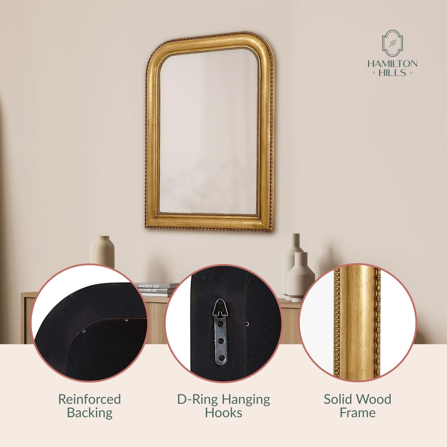 Hamilton Hills 36" x 24" Classic Gold Framed Polished Glass Top Round Corner Mirror - Thick Arched Top Rich Wall Mirror - Vanity for Bathroom Decor, Bedroom, Living Room - Hangs Horizontal or Vertical