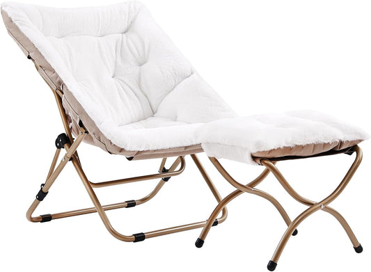 Comfy Folded Chair with Ottoman, Oversized Folding Faux Fur Chair Soft Furry Lounge Lazy Chair with Metal Frame Moon Chair Accent Chair for Bedroom, Living Room, Dorm Rooms