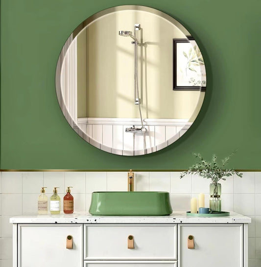 28" Frameless Beveled Round Mirror with 1" Edge for Bathroom, Entryways, Vanity, Wall Decor