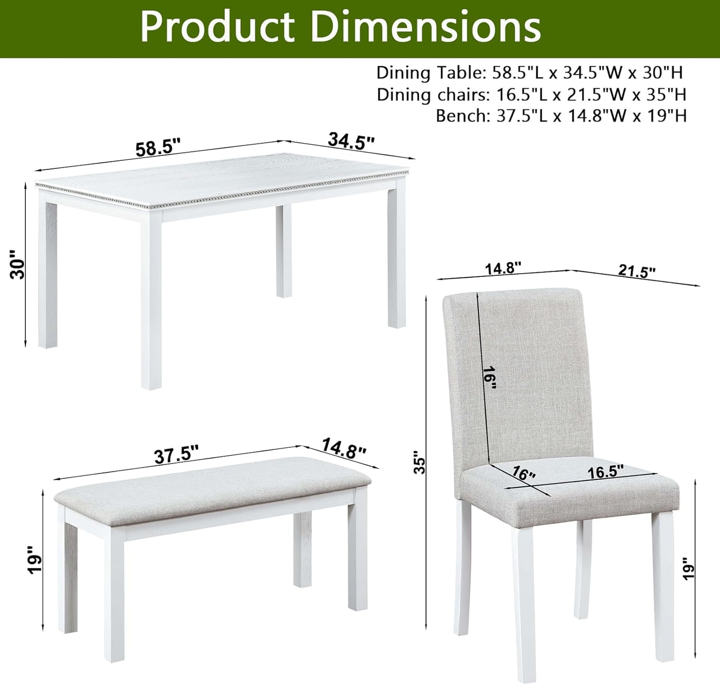 soges 6 Piece Wooden Dining Table Set, Dining Room Table with 4 Upholstered Chairs and Bench, Rectangular 6-Person Kitchen Dining Table Set with Crystal Decoration, White
