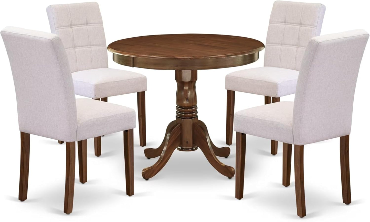 East West Furniture ANAS5-AWA-08 5 Piece Mid Century Dining Table Set Consists A Kitchen Table and 4 Mist Beige Polyester Fabric Dining Chairs, Antique Walnut