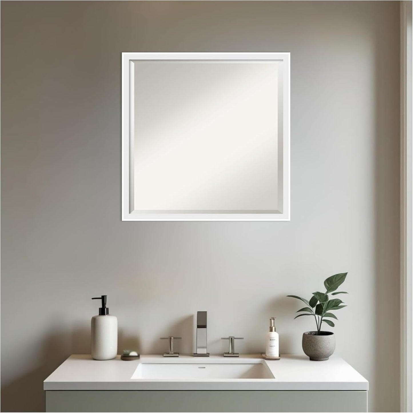 Amanti Art White Bathroom Mirror for Over Sink, 22x22 Incline White Square Vanity Mirror, Medium Modern Contemporary Wood Frame, Hangs Horizonally and Vertically, Bathroom Wall Decor, Beveled Edge