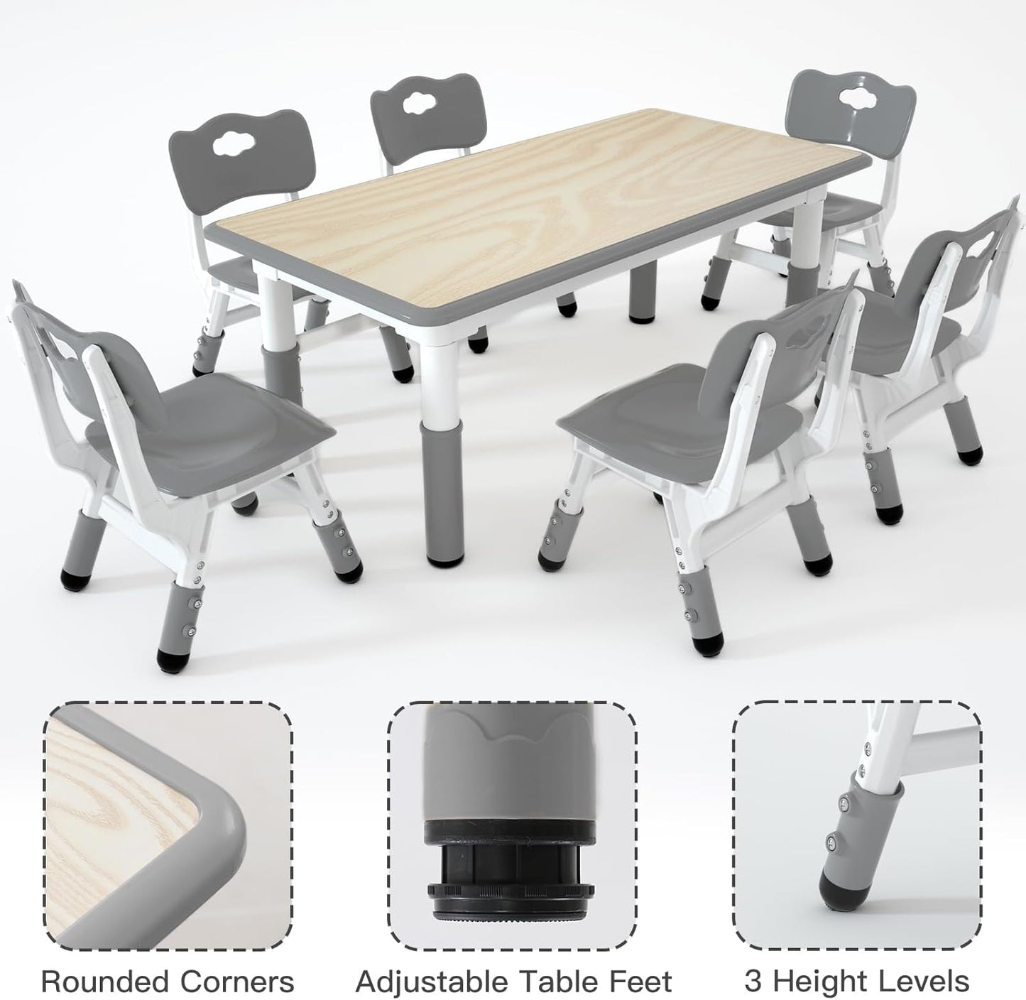 Kids Table and 6 Chairs Set，Height Adjustable Children Table & Chair，Toddlers Study Multi-Activity Table with 47.2"x23.6" Wipe-Clean Desktop，for Classrooms, Homes & Daycares