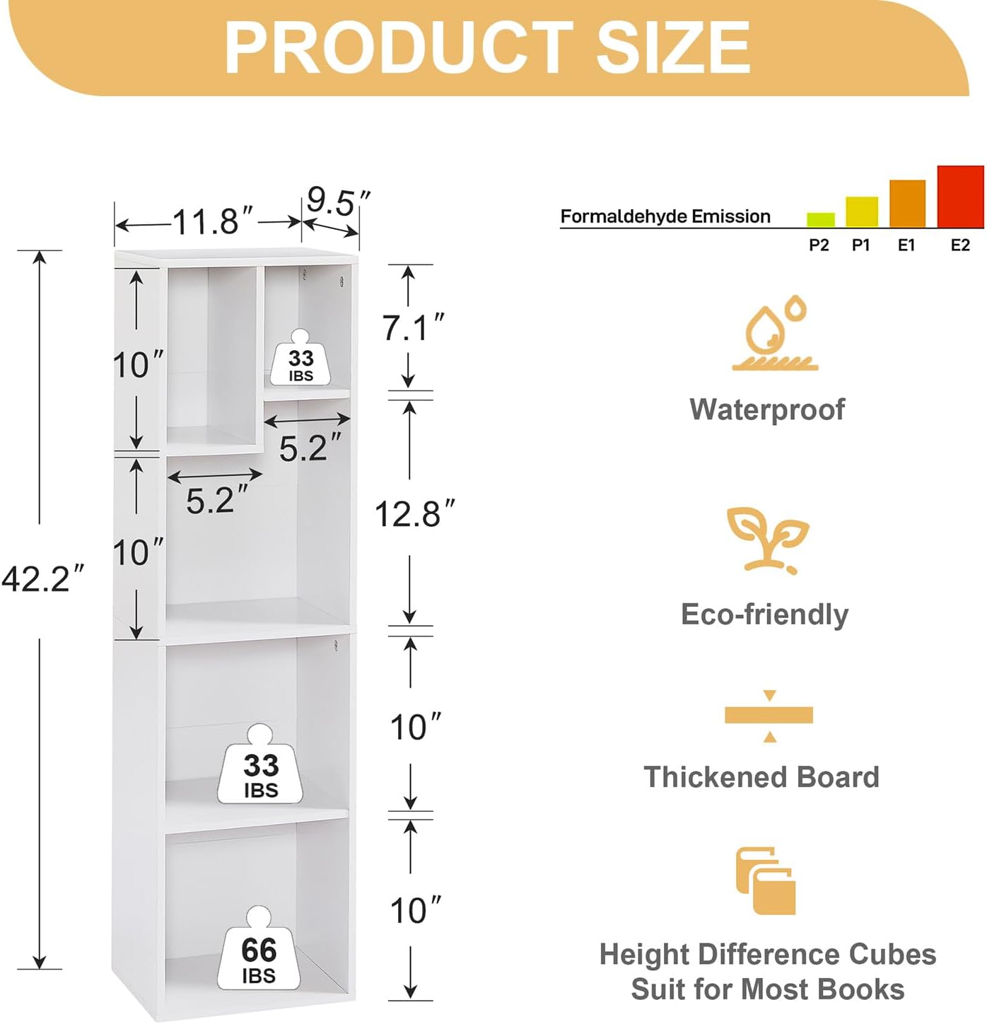 VECELO 4-Tier Bookcase, Modern Storage Cabinet with Height Difference Shelves for Standard Textbooks, 5 Cubes, Vertical or Horizontal, Easy Assembly, Pearl White
