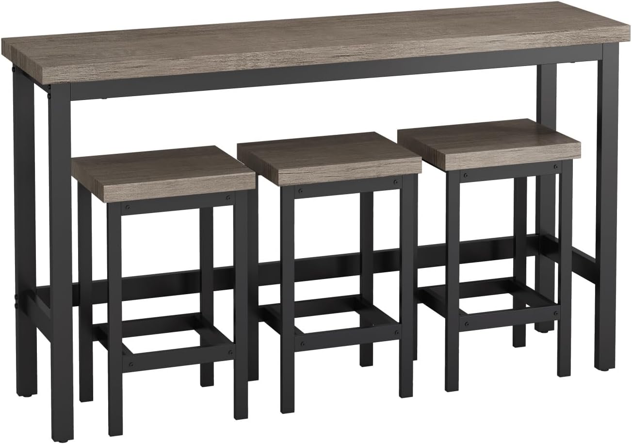 KEIKI 60.24” Long Bar High Top Dining Table and 3 Stools Chairs Set, Wood Behind Couch Sofa Counter Height Pub Furniture for Breakfast, Kitchen Living Party Room, Brown Grey