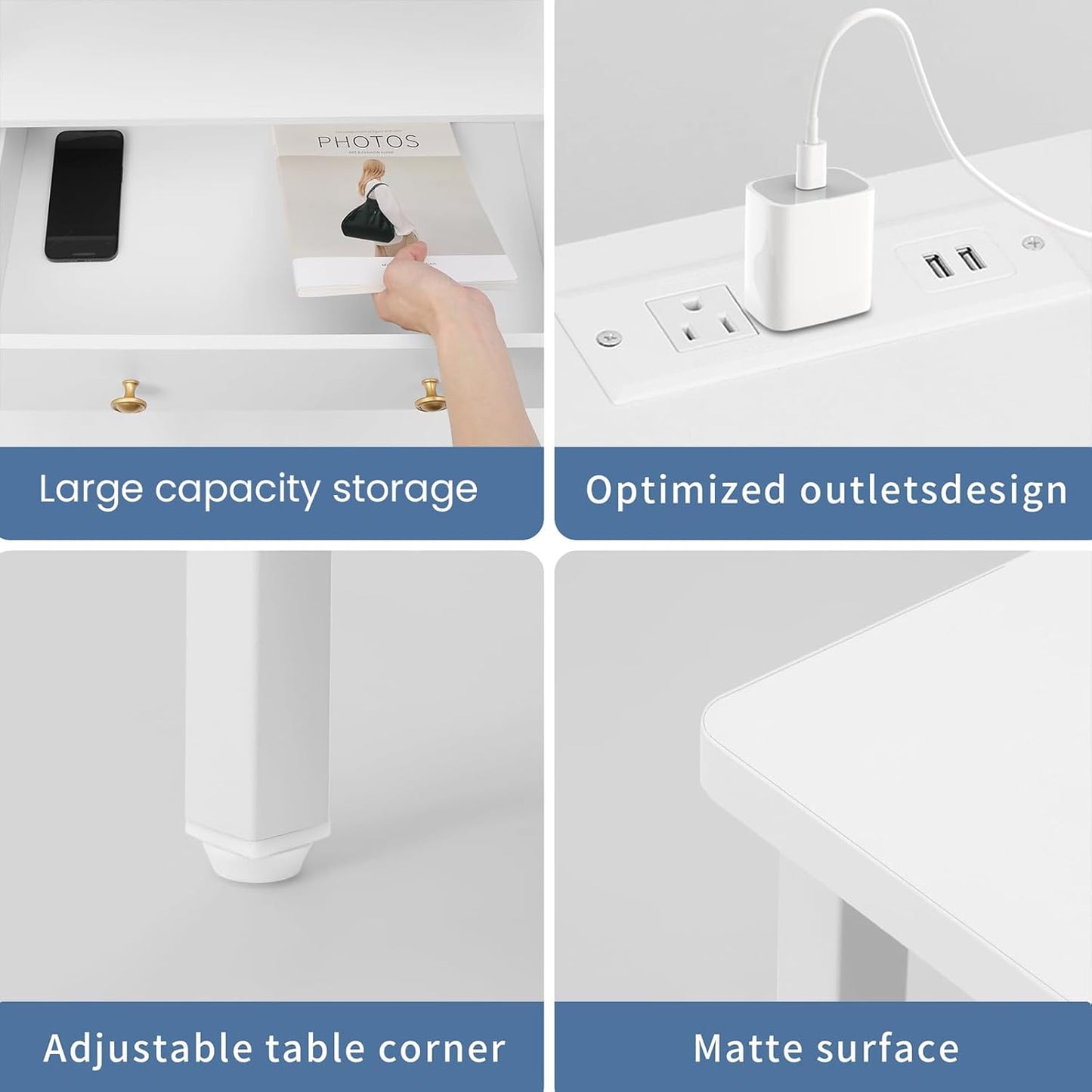 3 Wooden Drawers Nightstand, 27 Inch Wide Night Stand Set 2 with Charging Station and Adjustable Drawers, Bedside Table for Living Room/Bedroom/Office, White.