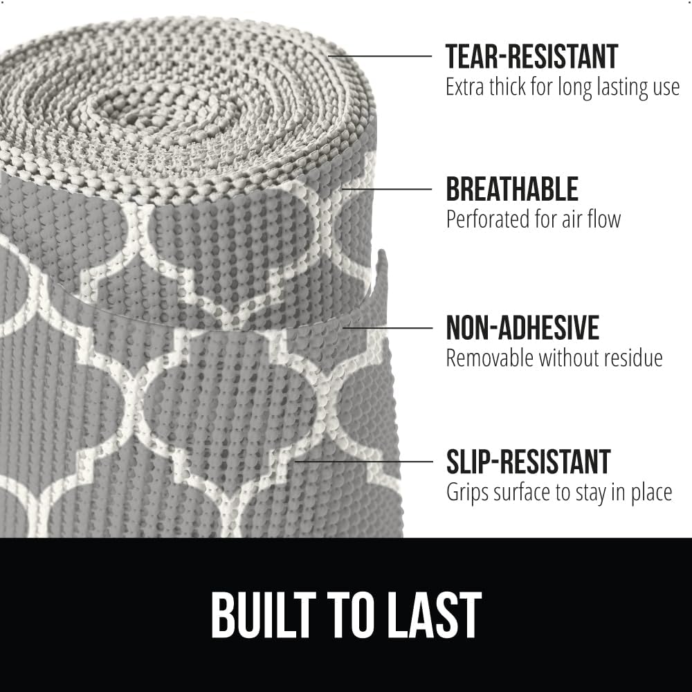 GORILLA GRIP powerGRIP Drawer Shelf and Cabinet Liner, Thick Strong Hold, Non-Adhesive Liners Protect Kitchen Cabinets and Cupboard, Bathroom Drawers, Easy Install, Breathable Mat, 12" x10' Quatrefoil