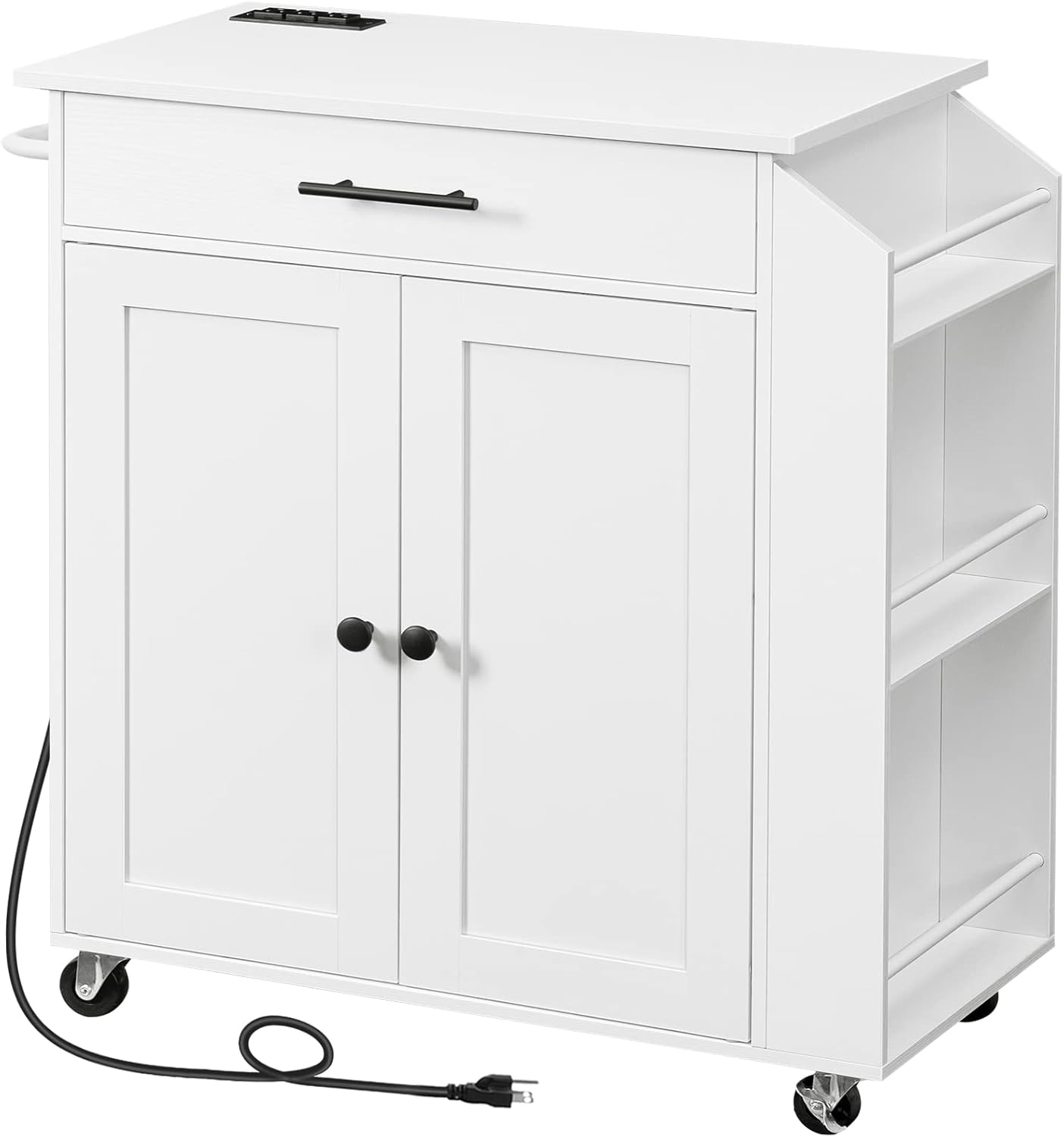 HOOBRO Kitchen Island with Power Outlet, Kitchen Storage Island with Spice Rack and Drawer, Rolling Kitchen Cart on Wheels, for Home, Kitchen and Dining Room, White WT82UZD01G1