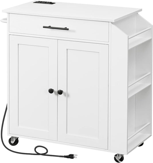 HOOBRO Kitchen Island with Power Outlet, Kitchen Storage Island with Spice Rack and Drawer, Rolling Kitchen Cart on Wheels, for Home, Kitchen and Dining Room, White WT82UZD01G1