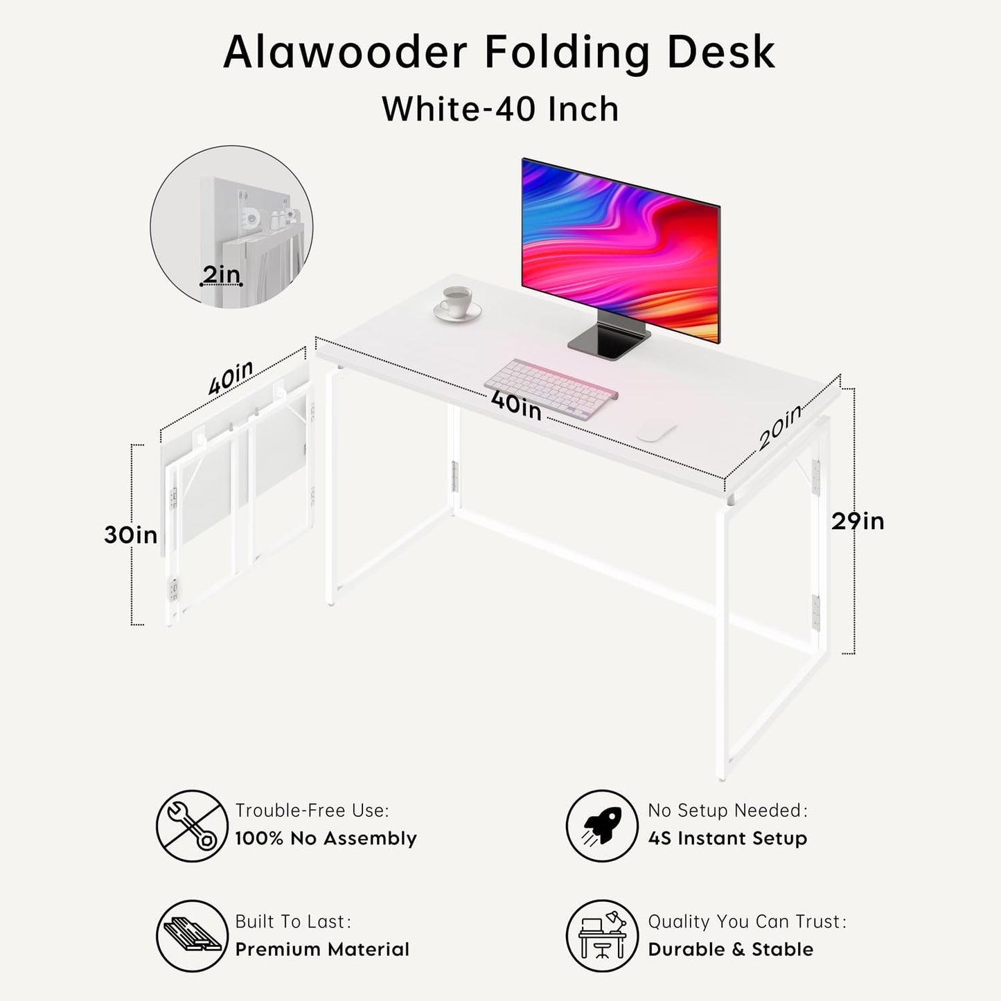 Folding Desk 40 Inch - Small Foldable Desk for Small Space Minimalist, Space Saving Collapsible Compact Desk Portable Table for Craft, Writing, Study and Work (No Assembly Required)