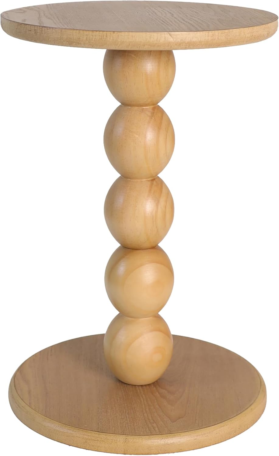 Round Wooden Side Table with Stacked Ball Pedestal Base, Accent Nightstand for Living Room, Bedroom, Corners (Natural)