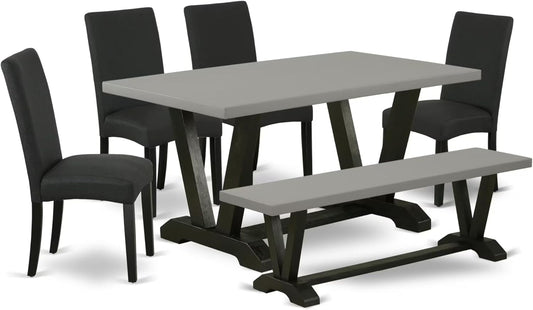 East West Furniture V696DR124-6 6 Piece Kitchen Table Set Contains a Rectangle Dining Table with V-Legs and 4 Black Color Linen Fabric Parson Chairs with a Bench, 36x60 Inch, Multi-Color