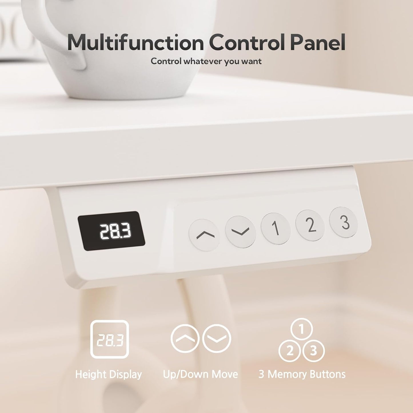 Seang Standing Desk with Drawer, 48" x 24" Height Adjustable Stand Up Desk, 3 Memory Height Settings with Cable Grommets & Storage Hooks, Ideal for Home & Office, White