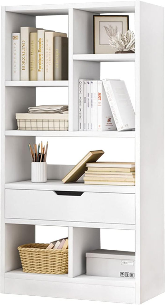 IOTXY Wooden Open Shelf Bookcase - 51 Inches Height Freestanding Display Storage Cabinet Organizer with 7 Cubes and a Drawer, Floor Standing Bookshelf in Warm White