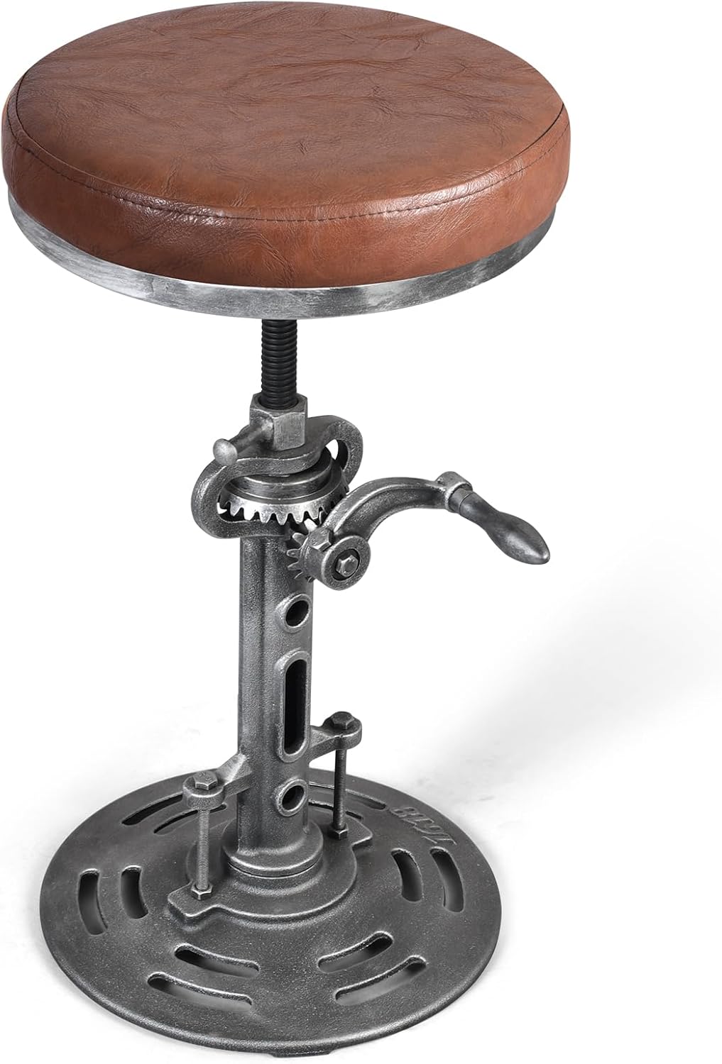 LOKKHAN American Antique Steampunk Deco Vintage Industrial Bar Cafe Stool, Retro Stylish Cast Iron Base Swivel Round Leather Top, Easily Adjusts by Crank Handle