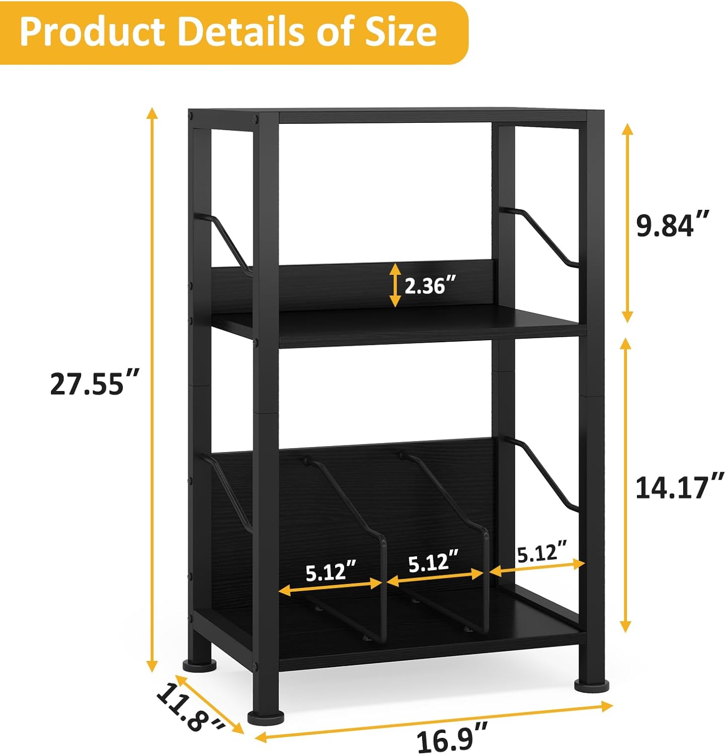 Hosfais 3 Tier Record Player Stand, Retro Vinyl Record Storage End Table Records for Living Room Bedroom (Black)