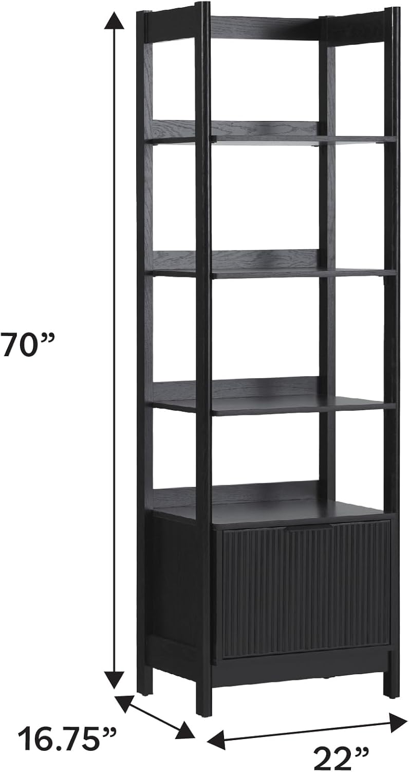 Walker Edison Transitional Reeded Narrow Open Bookshelf with Drawer Home Office Living Room, Bedroom, 4-Shelf Bookcase with Bottom Storage, 22 Inch, Black