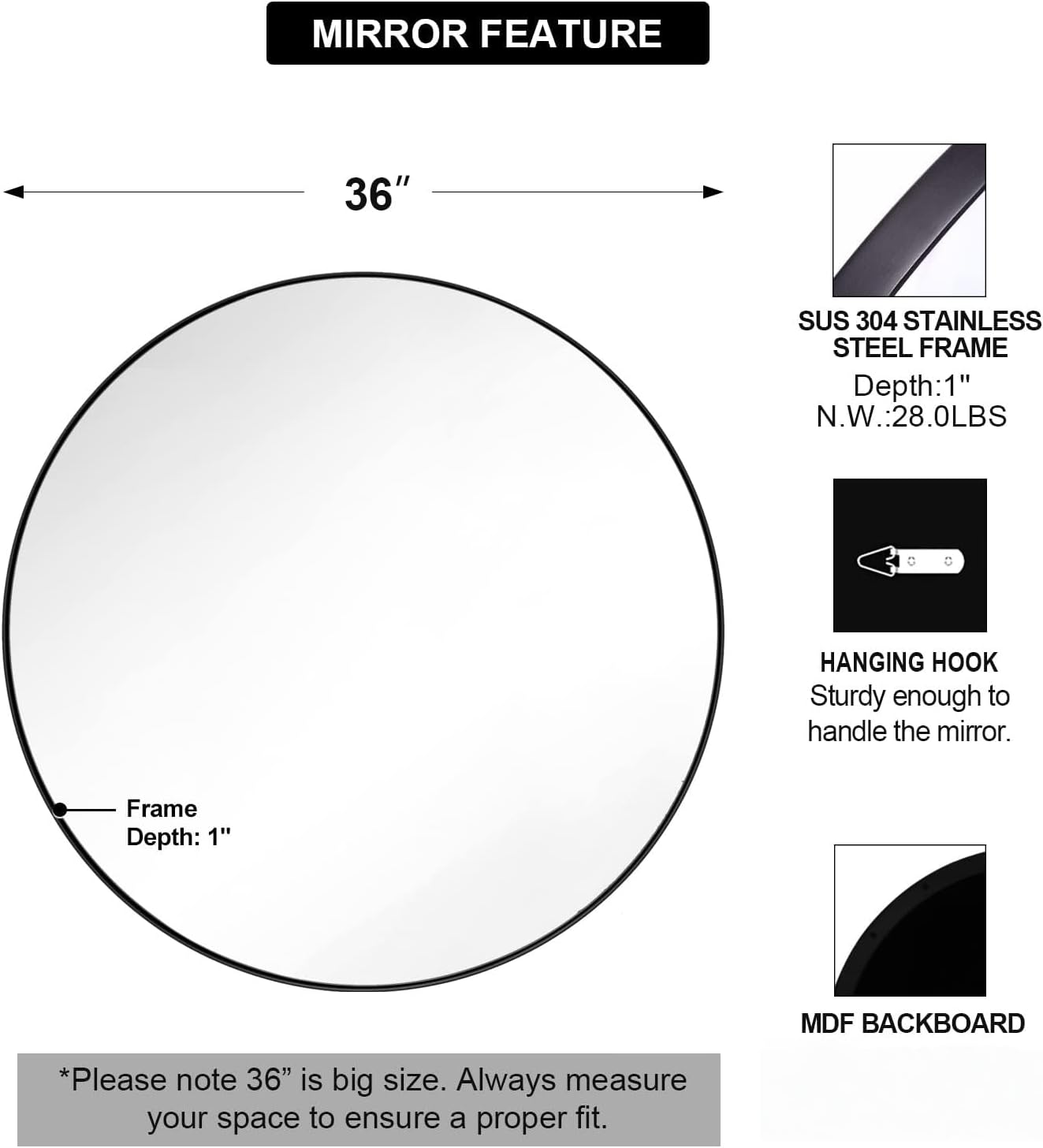 ANDY STAR 36" Black Round Mirror, Black Circle Mirror, 36 inch Round Black Mirror Bathroom, Big Circle Wall Mirror in Metal Frame, Matte Black Vanity Mirror for Entryway, Living Room, Dining Room