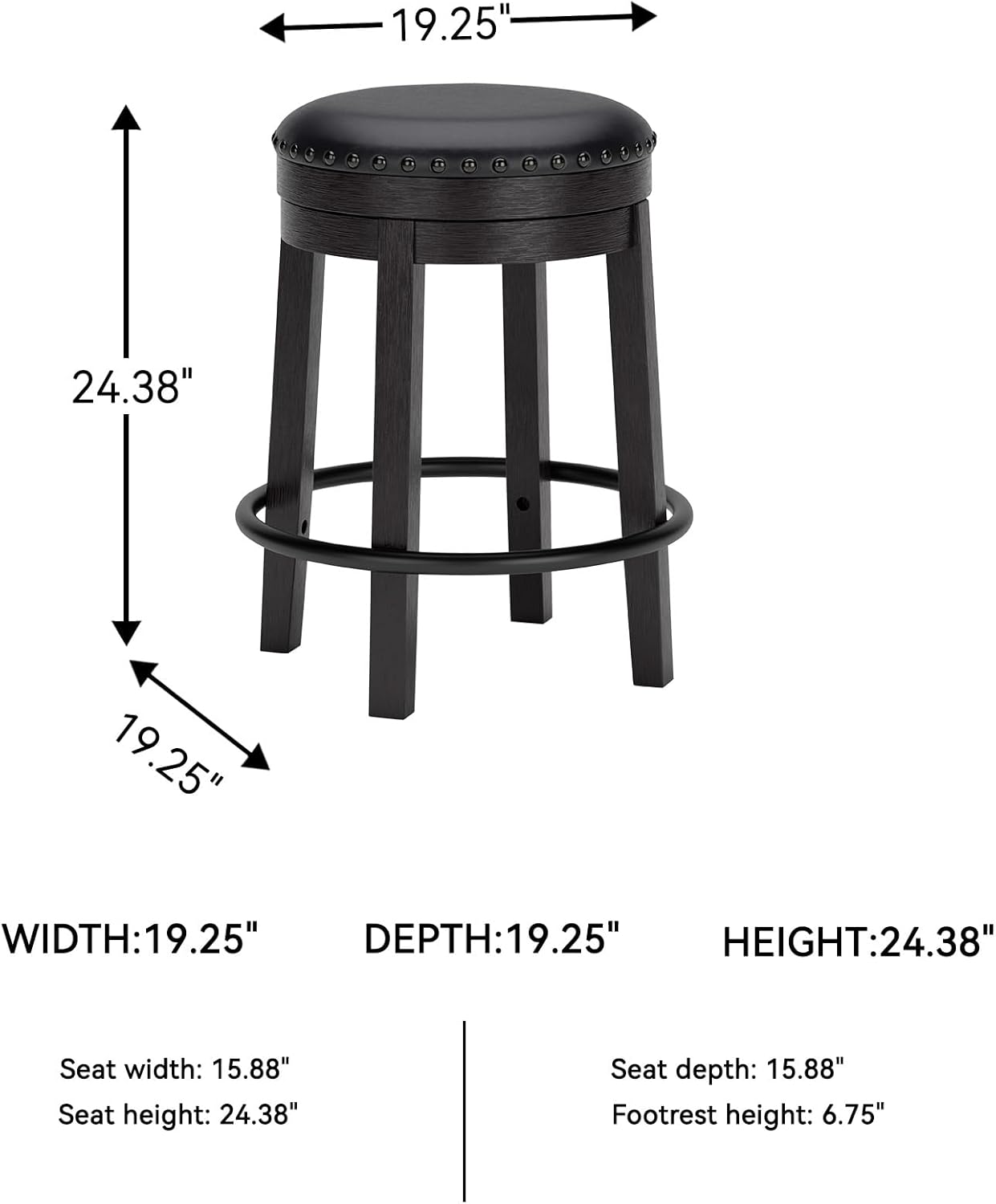 Signature Design by Ashley Valebeck Casual Round Faux Leather Upholstered Backless Counter Height Bar Stool with Footrest and Nailhead Trim, Black