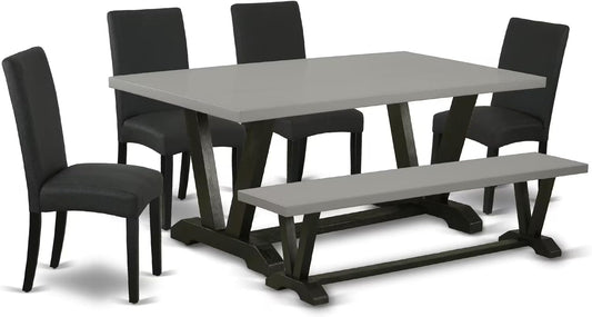 East West Furniture V697DR124-6 6 Piece Dining Table Set Contains a Rectangle Wooden Table with V-Legs and 4 Black Color Linen Fabric Parson Chairs with a Bench, 40x72 Inch, Multi-Color