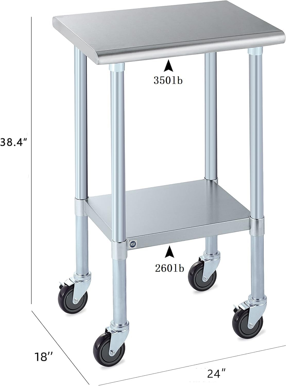 ROCKPOINT Stainless Steel Table for Prep & Work with Caster Wheels 18x24 Inches, NSF Metal Commercial Kitchen Heavy Duty Table with Adjustable Under Shelf and Table Foot for Restaurant, Home and Hotel