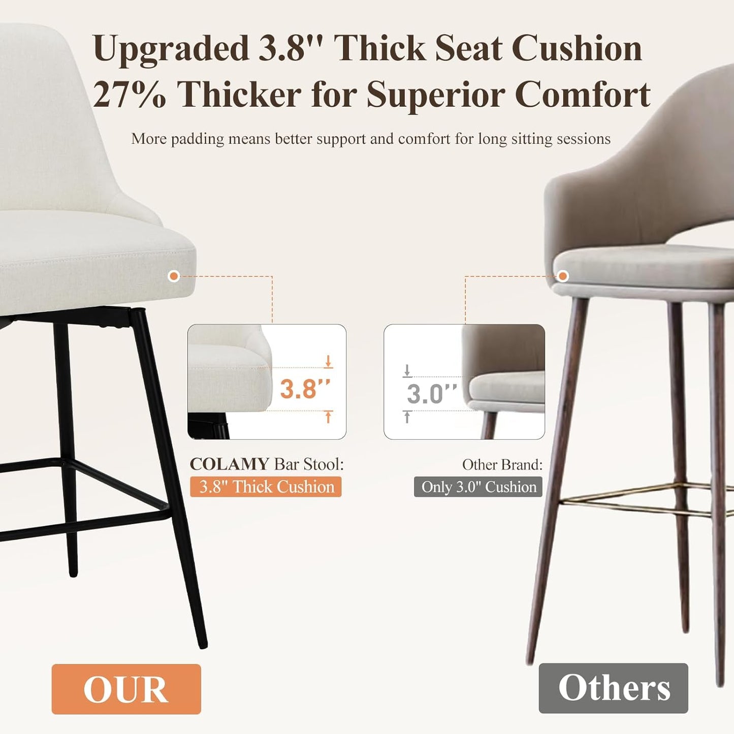 COLAMY Bar Stools Set of 6, 26.18" Counter Height Swivel Stools with Thick Padded Seat, Adjustable Footrest & 360° Rotation, Soft Fabric Upholstery for Kitchen Island/Home Bar/Cafe, Beige