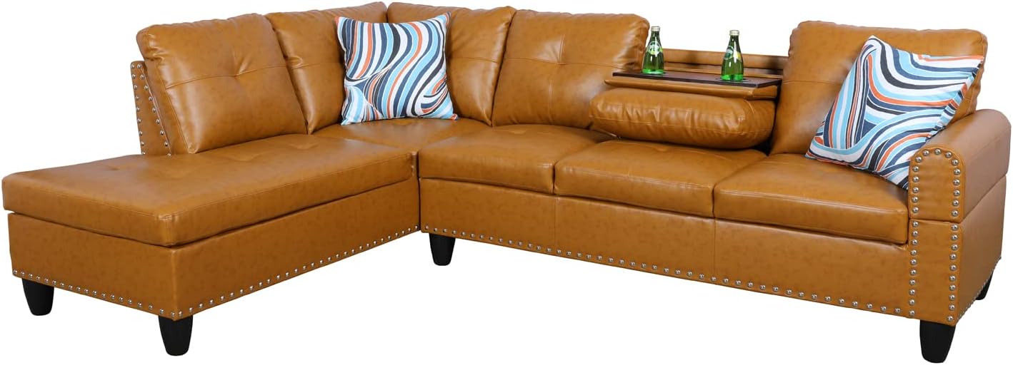 L Shaped Sectional Sofa with Ottoman, Nail-Head Design Leather Right Facing Modern Couches with Cup Holder for Living Room, Bedroom, Office, Ginger
