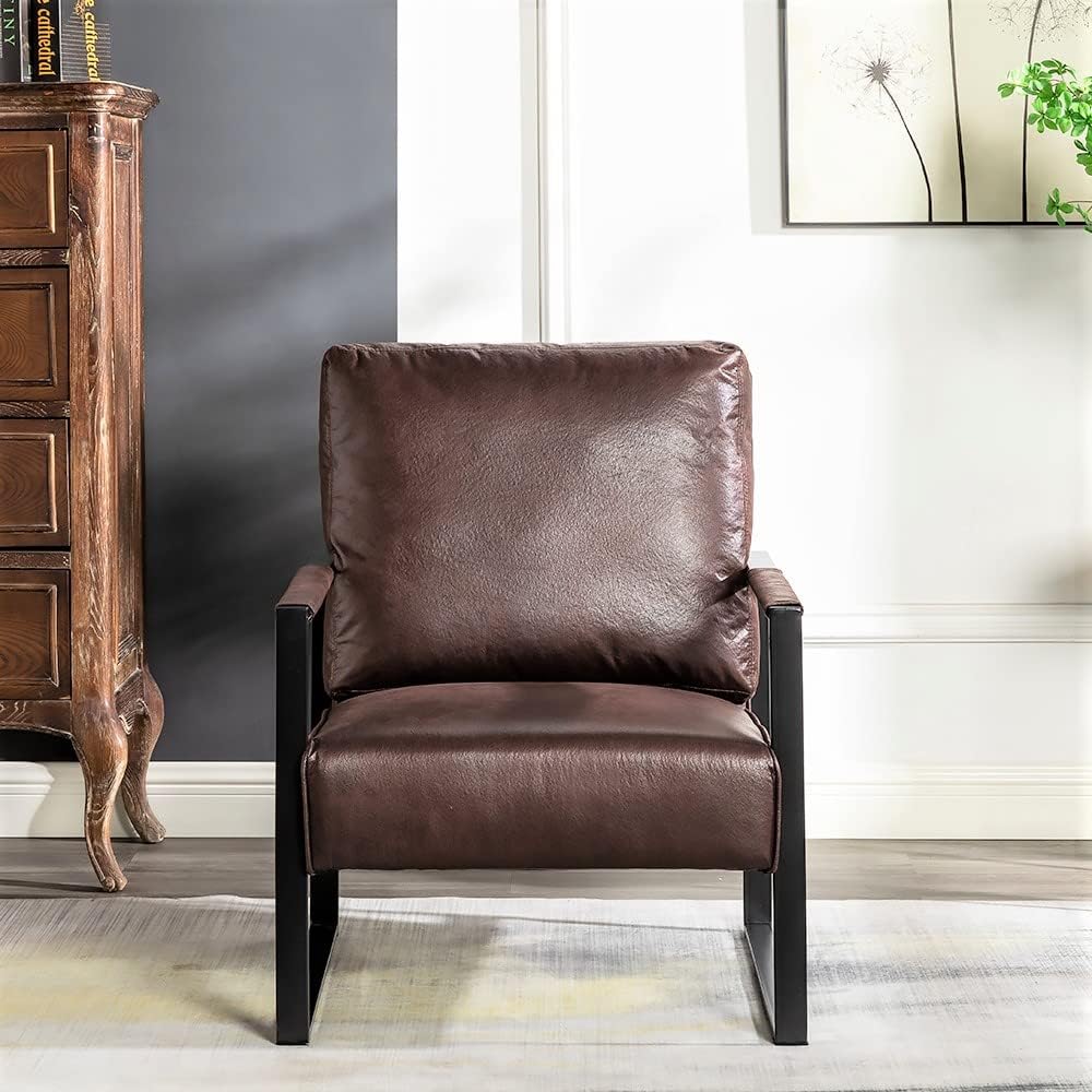 Container Furniture Classic Mid Century Modern Accent Chair with Durable Square Metal Frame, Armchair for Living Room, Bedroom, Home Office in Spotted Microfiber Upholstery, Dark Brown