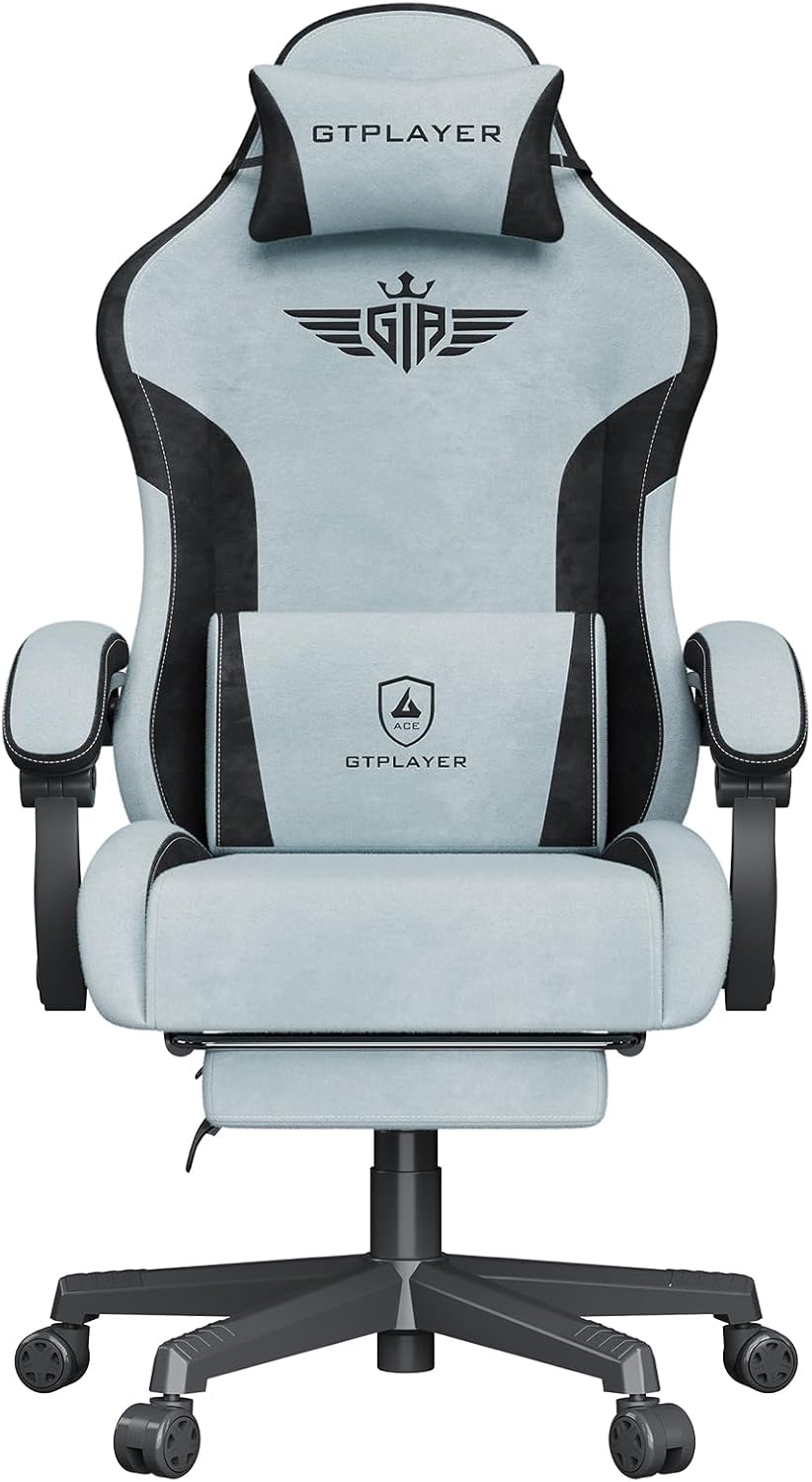 GTPLAYER Gaming Chair with Footrest, Big and Tall Game Chair High Back Computer Office Chair with Lumbar Support for Adults, Ergonomic Swivel Games Chair with Cushion Gaming Velvet Fabric Light Blue