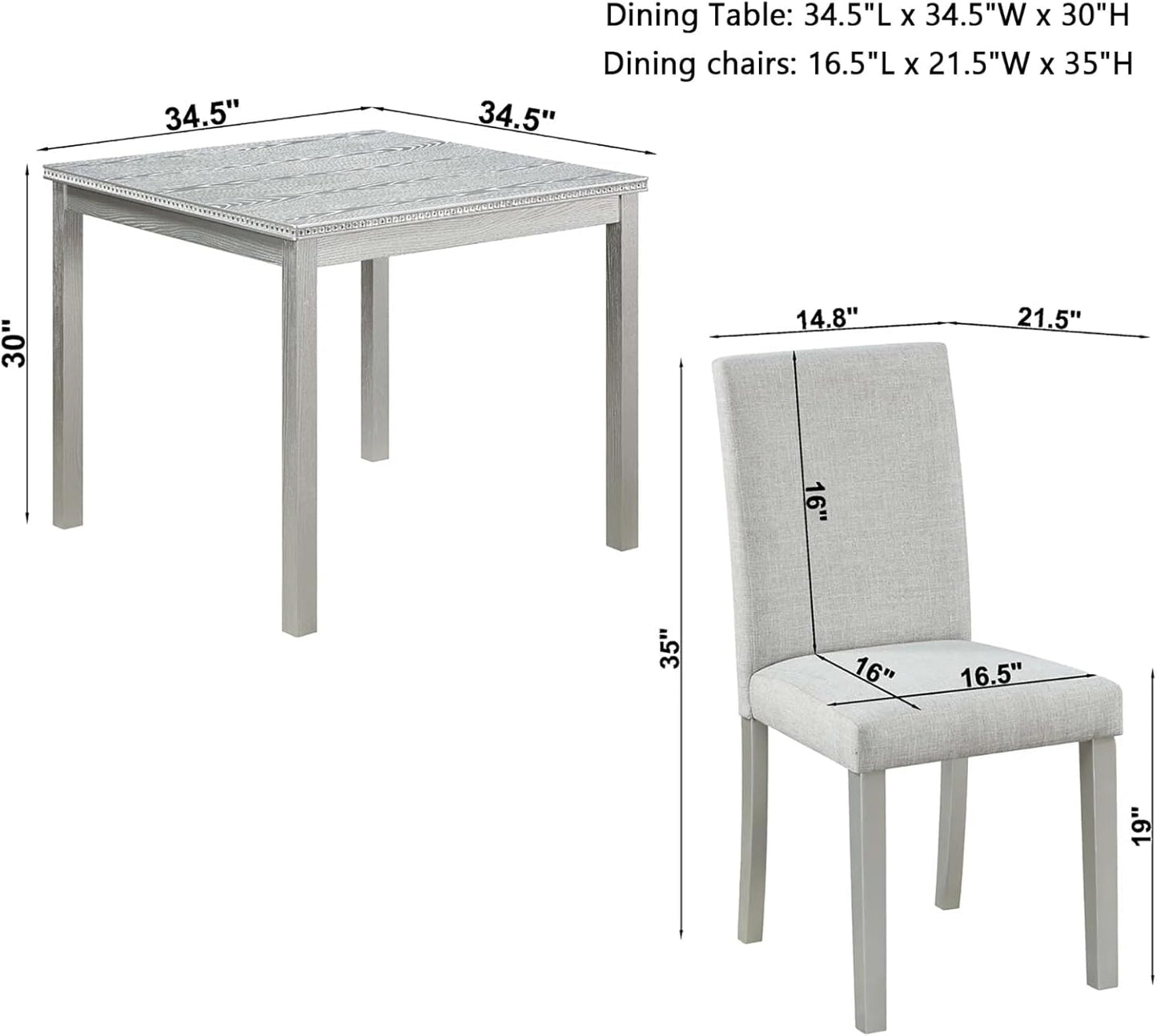Dining Table Set for 4, 5-Piece Dining Room Table Set with Square Crystal Decoration Table & 4 Upholstered Backrest Chairs, Counter Height Kitchen Sets with Faux Wood Grain Design, Silver Gray