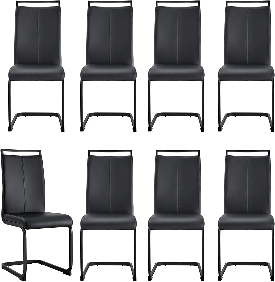 Modern Dining Chairs Set of 8, High Back Black Kitchen Chairs, Faux Leather Side Chair with Metal Legs, Easy to Clean Upholstered Dining Chairs, Ideal for Living Room(Black Leg)