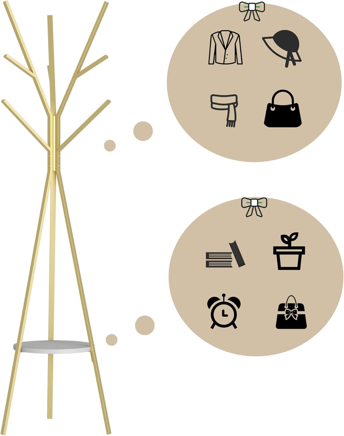 Coat Rack Hat Stand Free Standing Display Hall Tree Metal Hat Hanger Garment Storage Holder with 9 Hooks for Clothes Hats and Scarves in Gold,17.72"Wx17.72"Dx70.87"