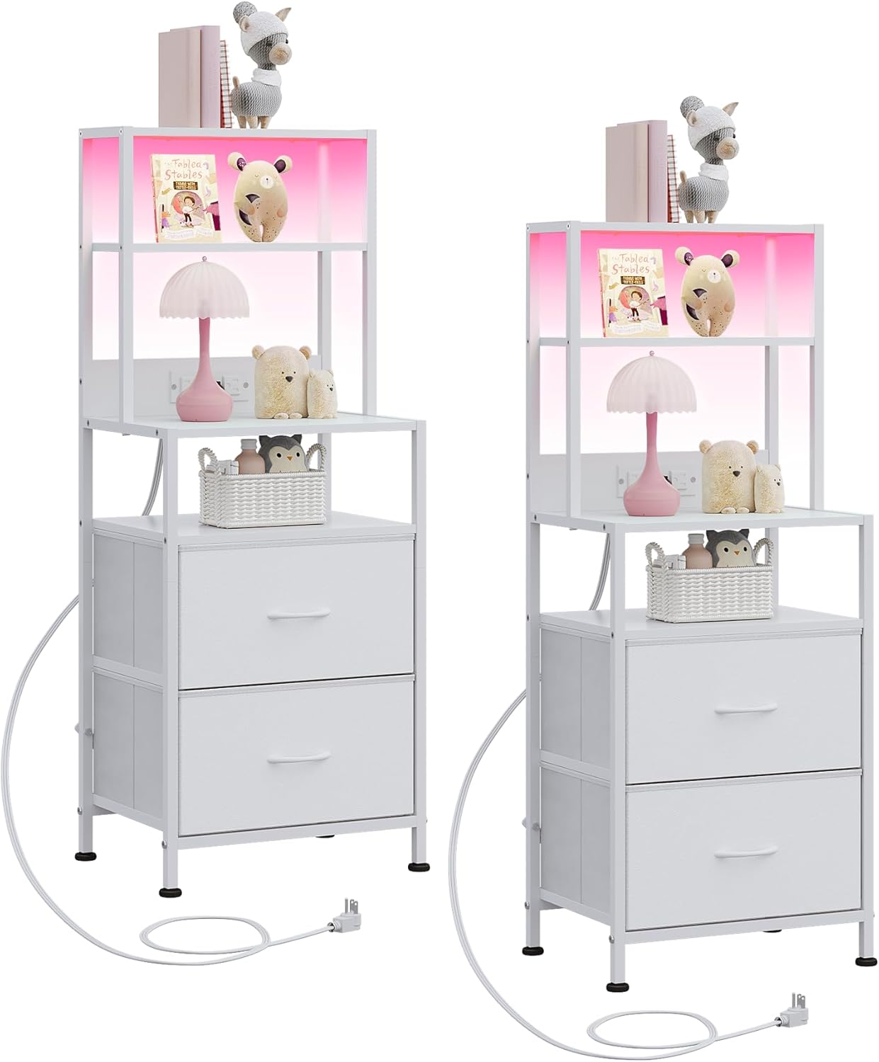 WLIVE Nightstand Set of 2 with Charging Station, LED Night Stands with 2 Fabric Drawers and 4 Storage Open Shelves, Bedside Table Sets for Bedroom, White