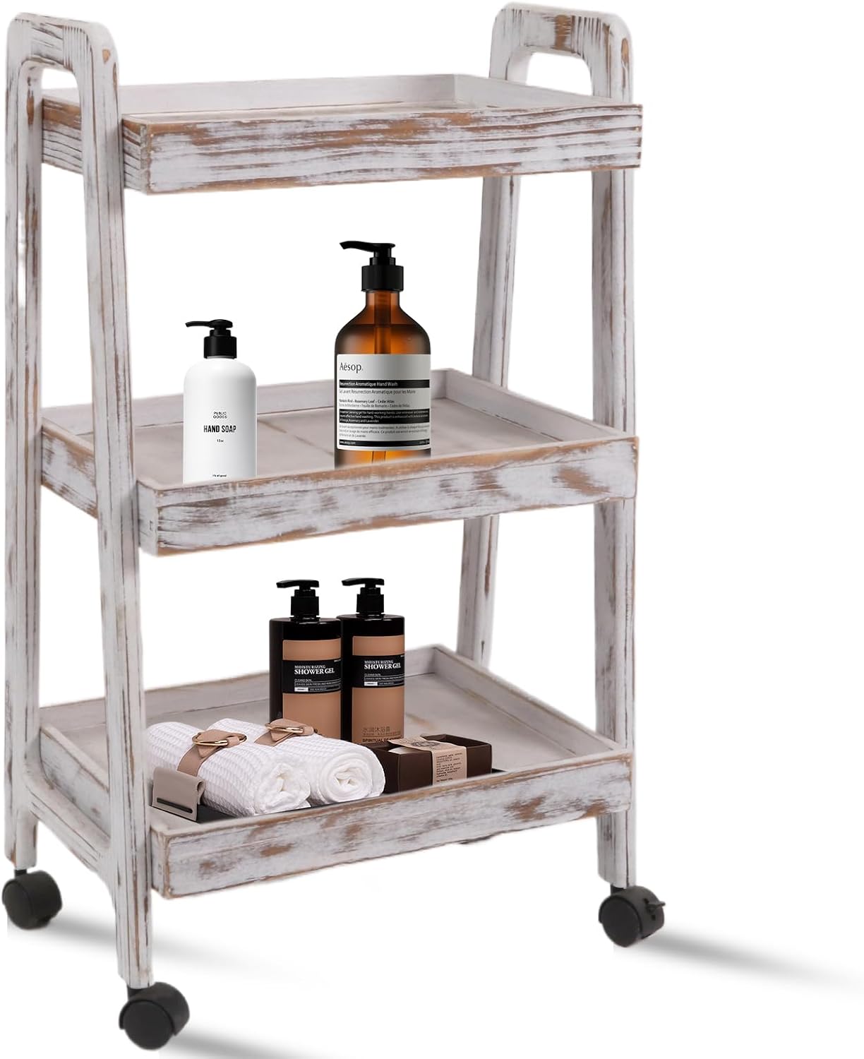 3-Tiers Ladder Shelf with Wheels, Wooden Rolling Cart,Solid Pine Wood Ladder Shelf, Side End Table for Living Room, Storage Cart Organizer for Kitchen,Studio,Classroom, Bathroom (Retro White)