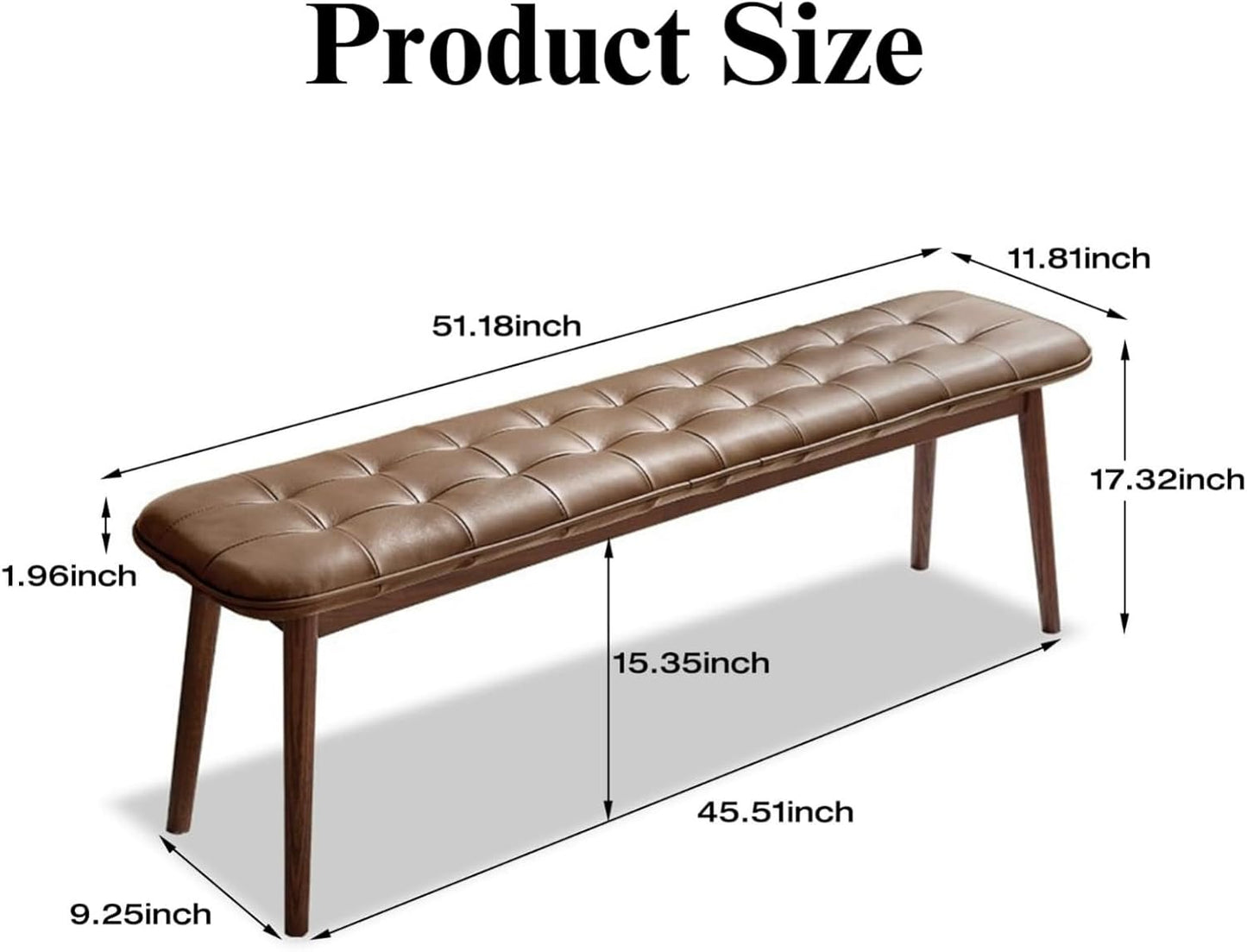 Upholstered Bench, 51.18 in Natural Oak Wood for Dining Table Bench for Living Room with Leather Cushion, End of Bed Footrest Stool Brown