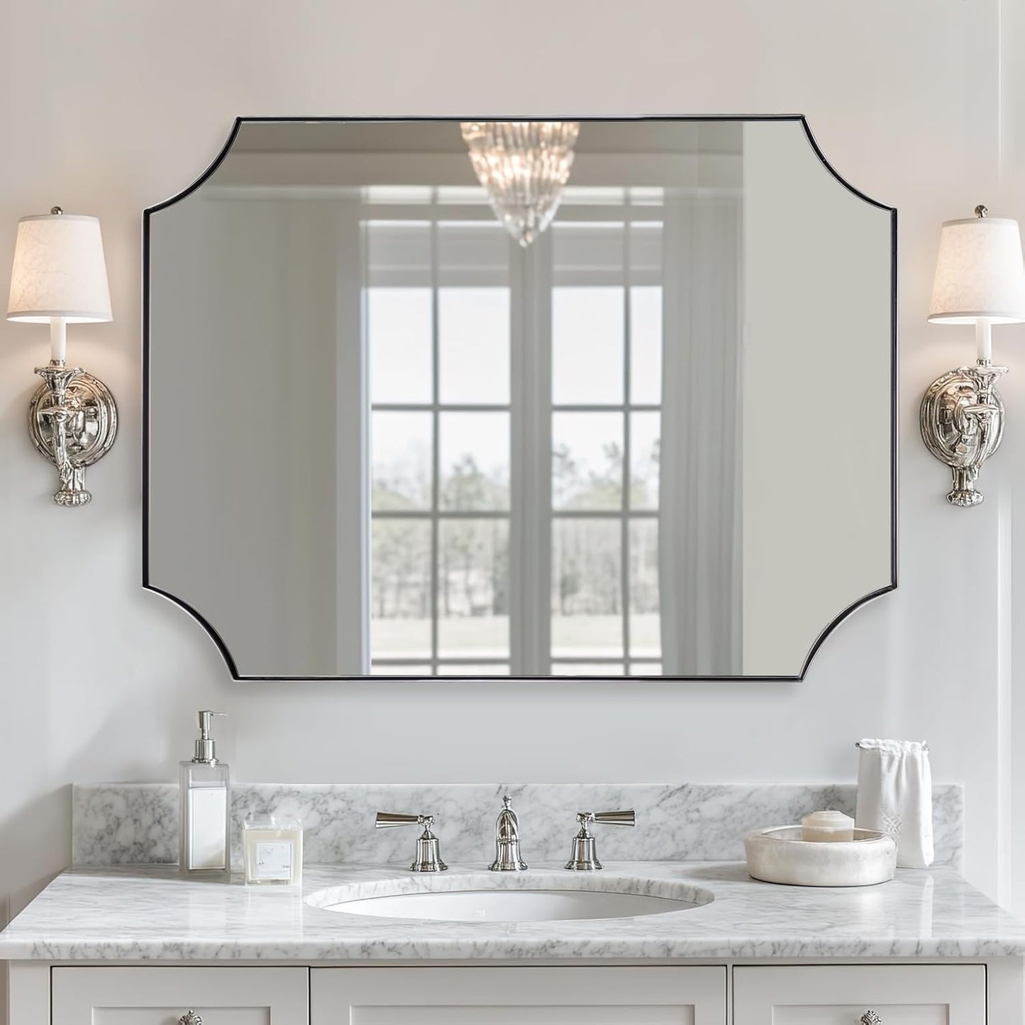 ANDY STAR Brushed Nickel Mirror 30x40 Inch, Scalloped Bathroom Mirror, Silver Bathroom Mirror in Anti-Rust Stainless Steel Metal Thin Frame Deep 1’’, Large Wall-Mounted Mirror (Horizontal/Vertical)