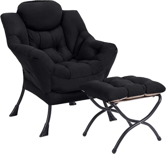 Lazy Chair with Ottoman, Modern Accent Chair Contemporary Lounge Leisure Sofa Chair with Armrests, Reading Chair and Folding Footstool Set for Living Room, Bedroom, Office, Black